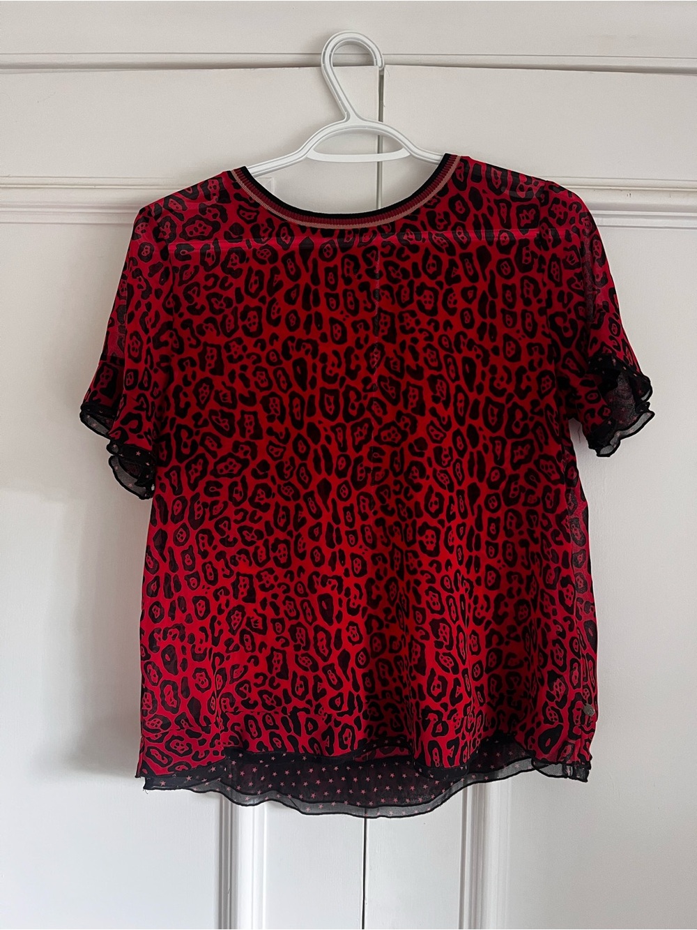 Scotch & Soda Red and Black Leopard-Print Short Sleeve Blouse